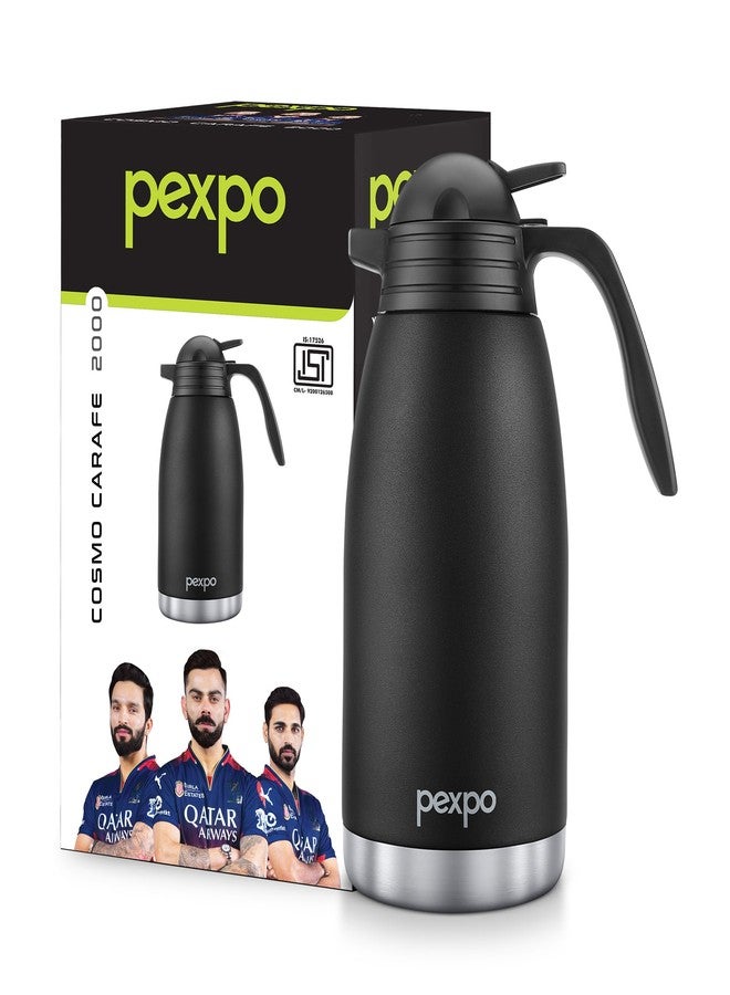 PEXPO إبريق بيكسبو كوزمو من الفولاذ المقاوم للصدأ، معتمد من معهد المواصفات والمقاييس الهندي (ISI)، سعة 2 لتر | ترمس ثلاثي الجدران معزول بتفريغ الهواء، مثالي للشاي والقهوة الساخنة والباردة | للمنزل، المكتب، المطبخ، المطاعم - أسود نايت - Image 1
